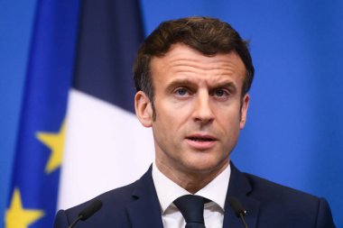 BRÜZSEL, BELGIUM. 24 Mart 2022. Emmanuel Macron, Fransa Cumhurbaşkanı, NATO Olağanüstü Zirvesi 'nden sonra düzenlediği basın toplantısında. Brüksel, Belçika