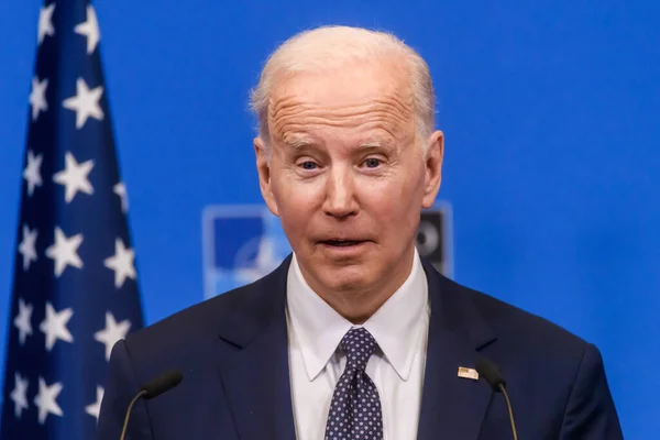 BRÜZSEL, BELGIUM. 24 Mart 2022. Joe Biden, Amerika Birleşik Devletleri Başkanı, NATO 'nun olağanüstü YAZ 2022 sonrasında düzenlediği basın toplantısında,.
