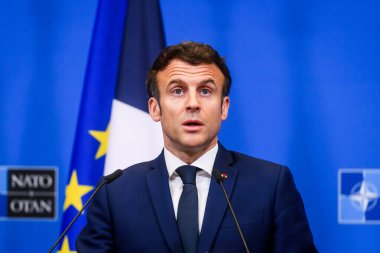 BRÜZSEL, BELGIUM. 24 Mart 2022. Emmanuel Macron, Fransa Cumhurbaşkanı, NATO 'nun olağanüstü YAZ 2022 sonrasında düzenlediği basın toplantısında.