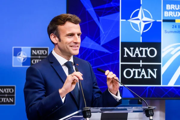 Bruselas Bélgica Marzo 2022 Emmanuel Macron Presidente Francia Durante Conferencia — Foto de Stock