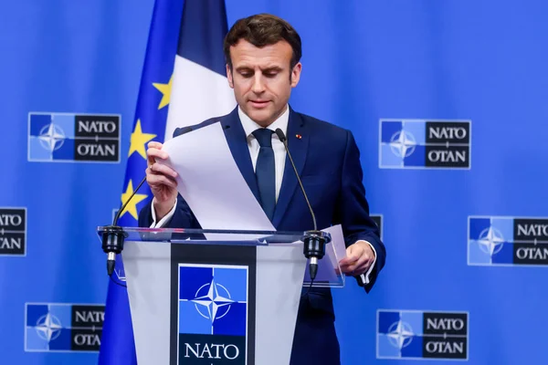 Jag Ledsen Belgien Mars 2022 Emmanuel Macron Frankrikes President Presskonferens — Stockfoto