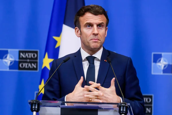 Jag Ledsen Belgien Mars 2022 Emmanuel Macron Frankrikes President Presskonferens — Stockfoto