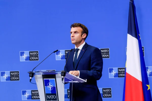 Jag Ledsen Belgien Mars 2022 Emmanuel Macron Frankrikes President Presskonferens — Stockfoto