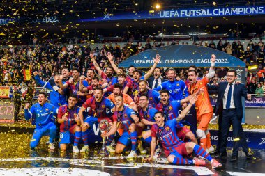 RIGA, LATVIA. 1 Mayıs 2022. UEFA FUTSAL CHAMPIONS Lideri 2022 arasındaki final maçı. FC Barcelona Futsal ve Sportif CP