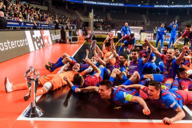 RIGA, LATVIA. 1 Mayıs 2022. UEFA FUTSAL CHAMPIONS Lideri 2022 arasındaki final maçı. FC Barcelona Futsal ve Sportif CP