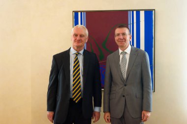RIGA, LATVIA. 24th August 2022. Graham Stuart (L), Minister of State for Europe of UK meets with Edgars Rinkevics (R), Minister of Foreign Affairs of Latvia.