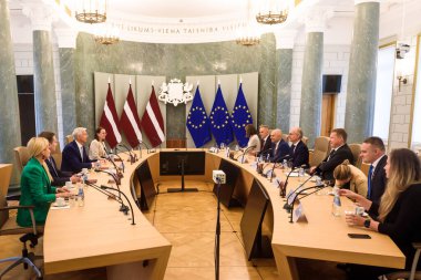 RIGA, LATVIA. 5th September 2022. Krisjanis Karins, Latvian PM meets with Luc Frieden, President of Eurochambres in Riga, Latvia.