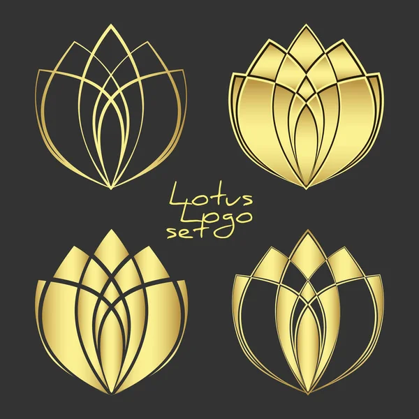 Conjunto de símbolos de loto dorado en contorno, silueta y estilo combinado. Vector de oro colección de logotipos florales de spa, relax, cosméticos o salón de belleza — Archivo Imágenes Vectoriales