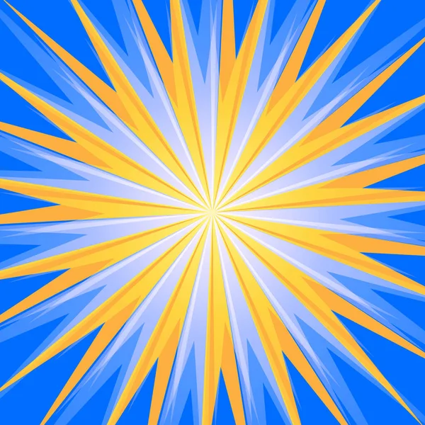 Sun rays or explosion comic radial boom banner. Abstract yellow rays of light spread from the center on blue background. Sunburst frame design in comics, pop art style. Retro jpeg illustration — Stock Photo, Image