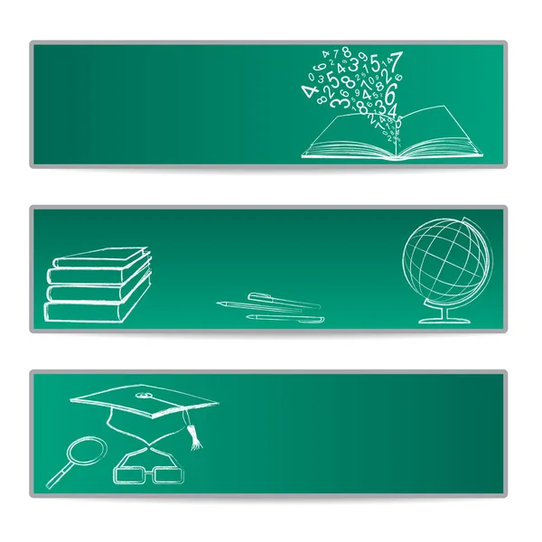 Krijtgetekende voorwerpen op groen krijtbord. Banner set van open boek, nummers, wereldbol, bril, vergrootglas onderwijs cap. Modern design sjabloon poster voor terug naar school. Jpeg illustratie — Stockfoto