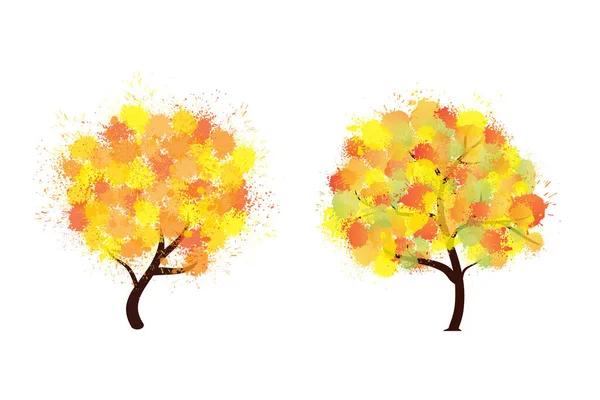 Herfst gestileerde bomen vormen door vlekken aquarel. Kleurrijke verf spat bomen met verschillende abstracte borstelbladeren. Eco design stijl symbolen set. Jpeg illustratie — Stockfoto