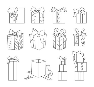 Çizim hediyeleri seti. Farklı tatil kutuları koleksiyonunun siyah hatları. Beyaz arkaplanda izole edilmiş taslak simgeleri. Jpeg illüstrasyonu.