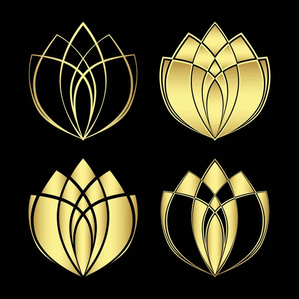 Zestaw złotych symboli lotosu w zarysie, sylwetce i połączonym stylu. Złota kolekcja logotypów kwiatowych spa, relaksu, kosmetyków lub salonu piękności. Ilustracja Jpeg — Zdjęcie stockowe