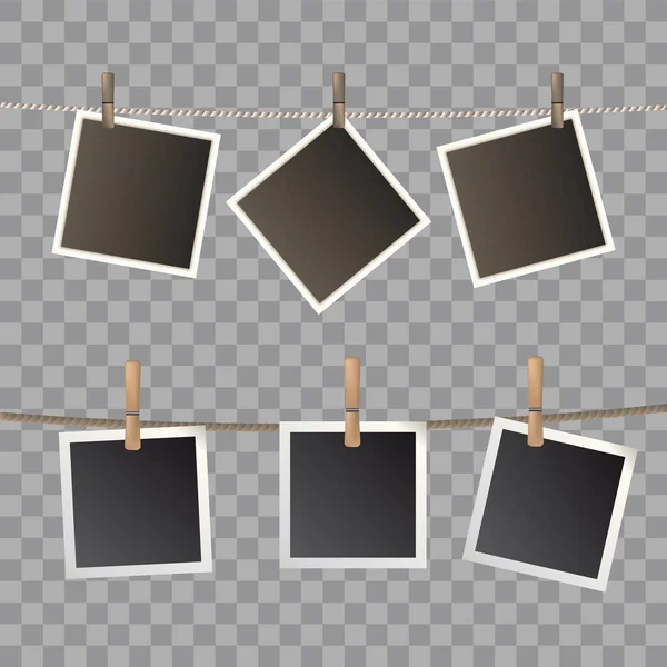 Photos hanging on rope attached clothespins. Blank realistic instant photo icons template isolated on transparent background. Retro photo frames digital photography image mockup, vector design set — стоковый вектор