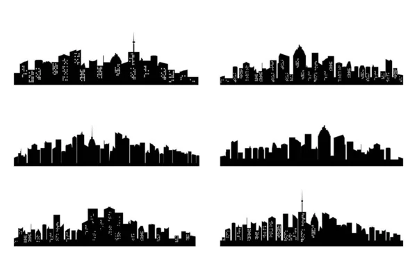 Zwarte steden silhouet collectie. Horizontale skyline in platte stijl geïsoleerd op wit. Vector stadsgezicht met ramen, stedelijk panorama van nachtstad — Stockvector