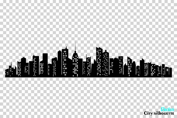 Silhouette città nera con finestre su sfondo trasparente. Skyline orizzontale in stile piatto. Paesaggio urbano vettoriale, panorama urbano della città notturna — Vettoriale Stock