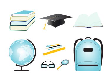 Okul ve eğitim işyeri aksesuarları ayarlandı. Okul gereçlerine, teçhizatlara. Çocuklar konuları inceler. Düz bilgi elementleri beyaz arkaplanda izole edildi. Jpeg