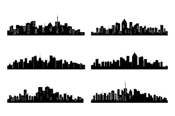 Black cities silhouette collection. Horizontal skyline set in flat style isolated on white. Cityscape with windows, urban panorama of night town. Jpeg illustration — ストック写真