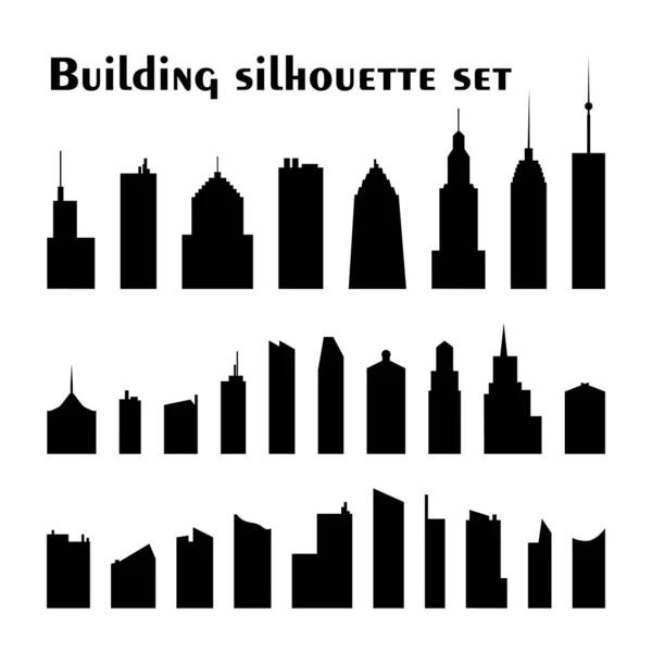 ブラックビルシルエットコレクション。ベクターシティ不動産アイコンセット。白に隔離された平らなスタイルの都市デザイン建築要素 — ストックベクタ