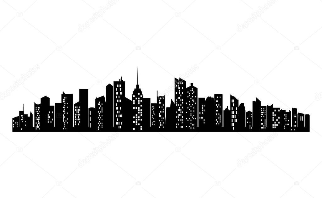 Black city silhouette with window. Horizontal skyline in flat style. Cityscape, urban panorama of night town. Jpeg illustration