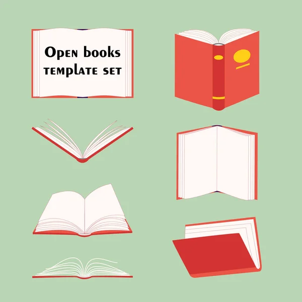 一套孤立的空白打开的书 红色的精装书和金色的装饰元素 矢量以扁平的方式在不同的位置模拟图标 学习和知识 图书馆和教育 科学和技术 — 图库矢量图片