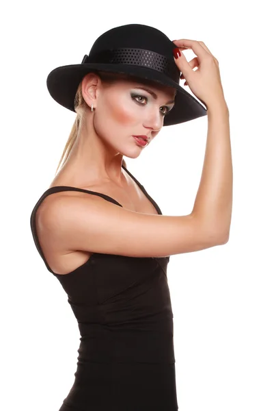 Modelo loira elegante em vestido preto clássico — Fotografia de Stock