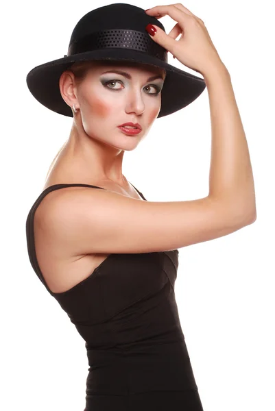 Elegante modelo rubio en vestido negro clásico —  Fotos de Stock