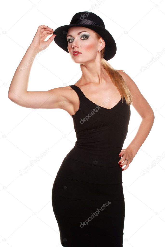 Elegant blonde model in classic black dress