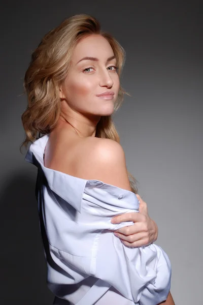 Portrait of Sensual blonde lady in white shirt — Stock Photo, Image