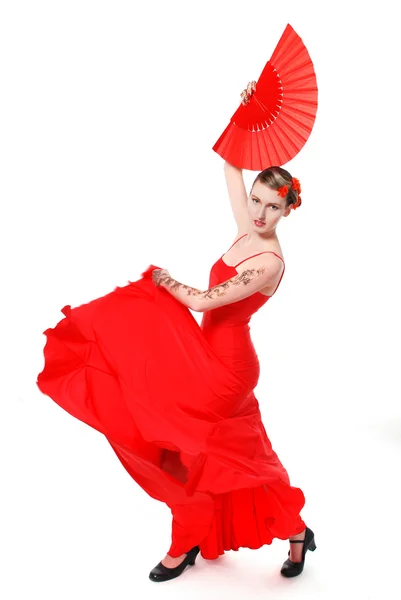 Danseuse de flamenco lumineuse avec éventail, isolée sur blanc — Photo