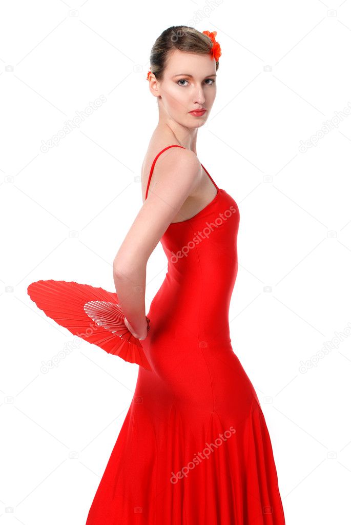 Bright flamenco dancer with fan, isolated on white