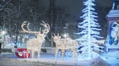 Kar yağarken Esplanadi parkı. Park Noel için dekore edildi.