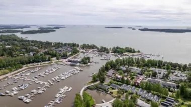 Aerial hyperlapse of Haukilahti marina in Espoo, Finland. Baltic Sea