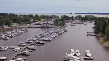 Aerial view of the yachts in the Haukilahti marina on a Baltic sea, Espoo, Finland.