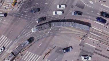 Aerial view of street in Helsinki, Finland.Trams, bus, and cars are moving.