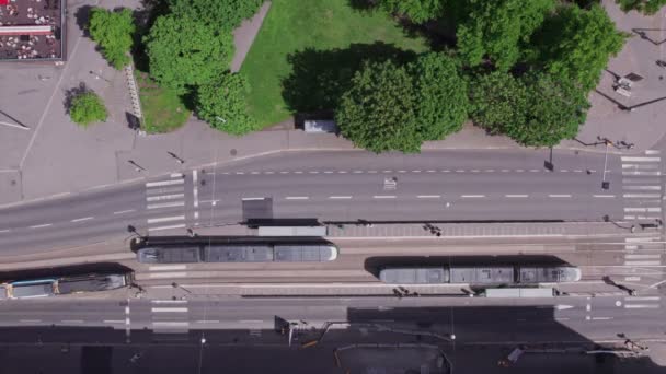 Aerial View Street Tram Stop Helsinki First Tram Arriving Second — Stockvideo