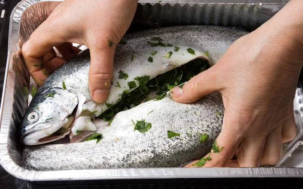 Koken forel in folie — Stockfoto