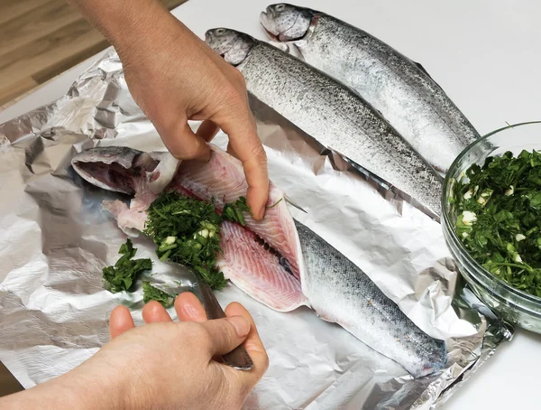 Cozinhar truta em folha — Fotografia de Stock