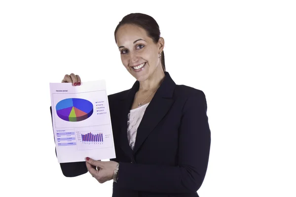 Smiling business woman showing a report document — Stock Photo, Image