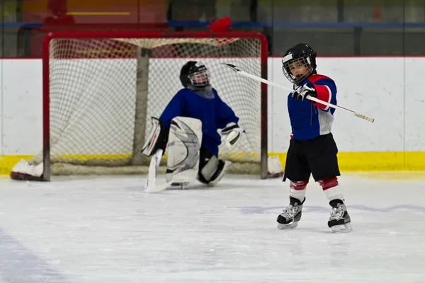 Giocatore di hockey su ghiaccio festeggia dopo aver segnato un gol — Foto Stock