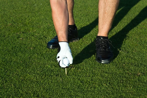 高尔夫球手把球放在开球 — 图库照片