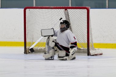 buz hokeyi goaltender net önünde 