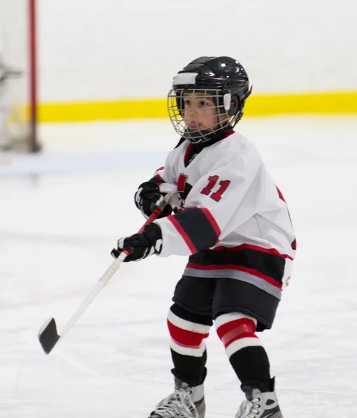 Kind maken van een pass tijdens het spelen ijshockey Stockfoto