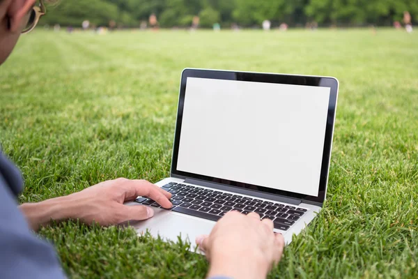 Man using laptop in the park summer — Stock Photo, Image