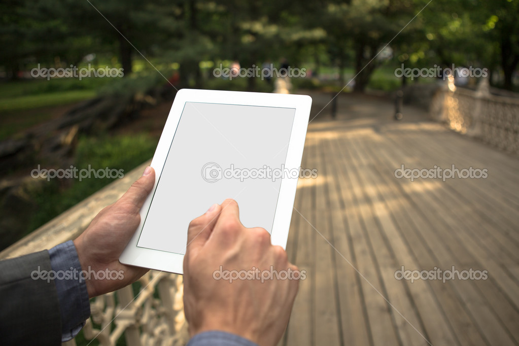 man hands touching tablet pc