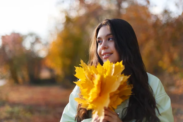Щаслива Молода Жінка Осінньому Парку Купою Кленового Листя Руках — стокове фото