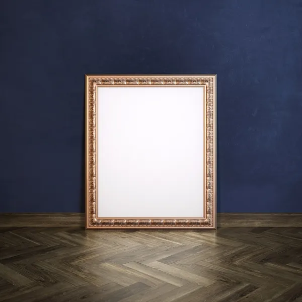 Classic Golden Carved Frame In Gallerry Interior (Navy Blue Wall Version) — Stock Photo, Image