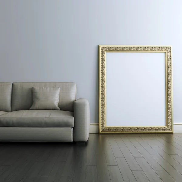 Gallery interior Design With Golden Blank Carved Frame — Stock Photo, Image