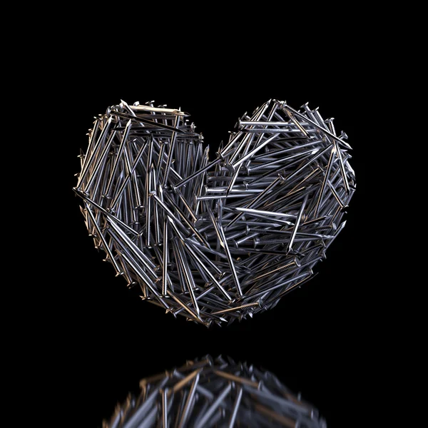 Heart Created Out Of Nails (Reflection On Black Background) — Stock Photo, Image