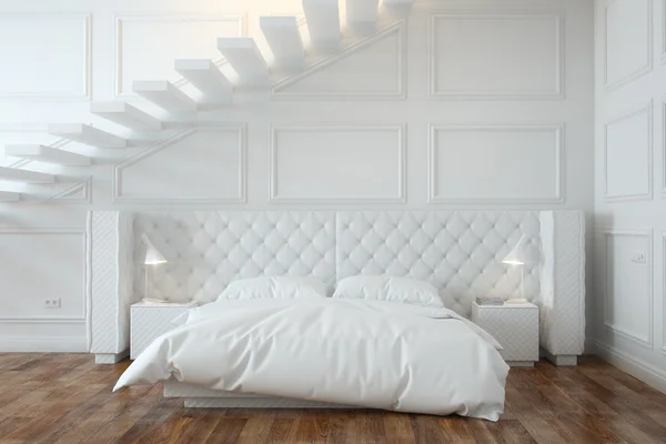 Interior del dormitorio blanco con escaleras (vista frontal ) — Foto de Stock